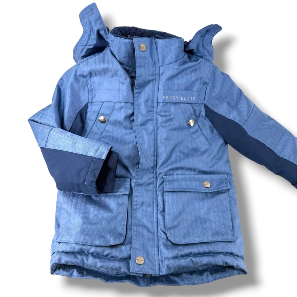Perry Ellis Boy Blue Herringbone Sherpa Lined Hooded Winter Parka Jacket 4T